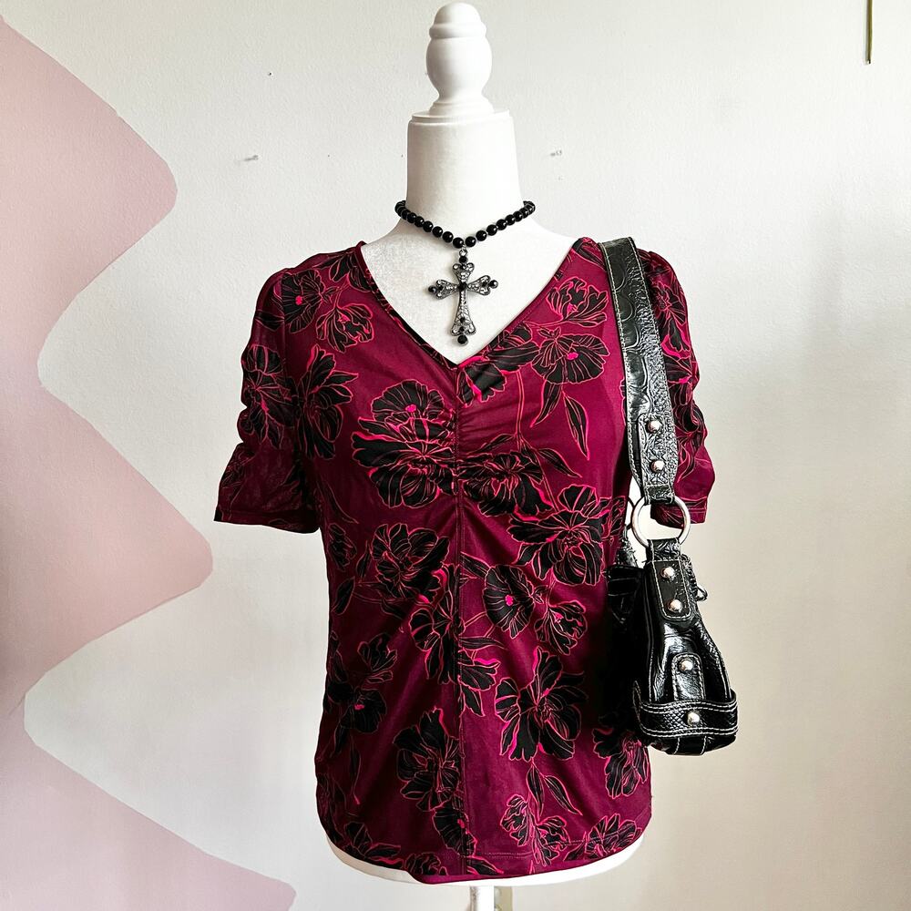 Burgundy Mesh Sheer Floral Top, Grunge Fairycore Whimsigoth Witchy Small